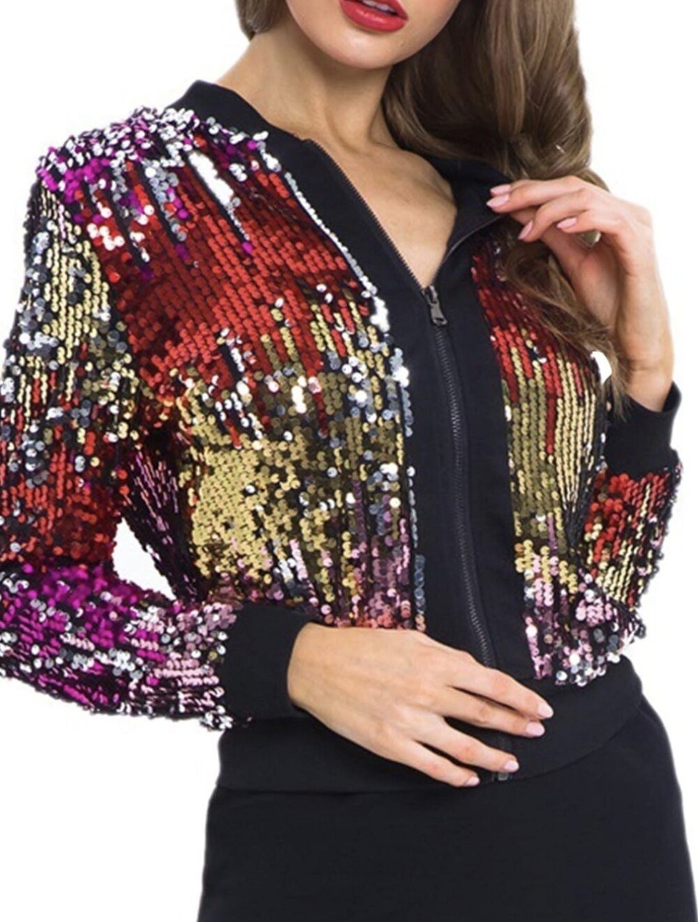 Ashley Stewart Sequin Ombre Bomber Jacket in Red, Gold Silver and Black Sz 22/24
